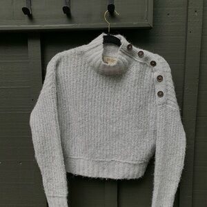 Light Gray Mock Turtleneck Knitted Sweater Brown Buttons Light Academia